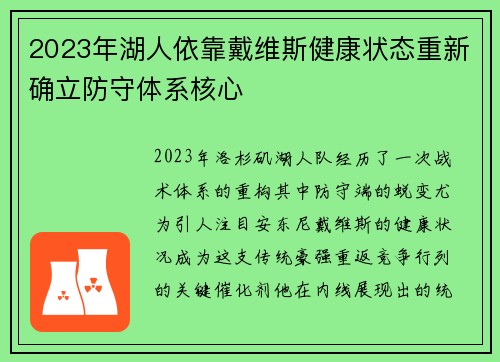 2023年湖人依靠戴维斯健康状态重新确立防守体系核心